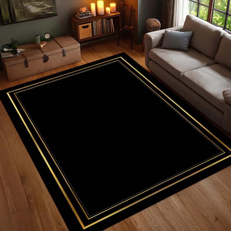 Commercial Digital Printing Machine - Modern Black Gold Area Rug Minimalist