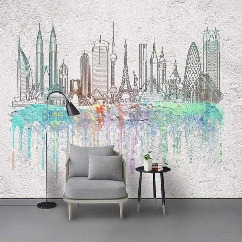 Modern watercolor city silhoue - Commercial Wallpaper Printing reseña y precio